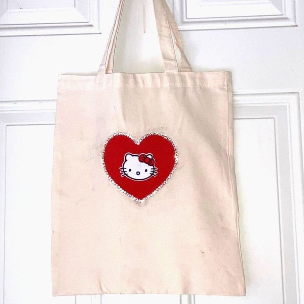 HELLO KITTY Sanrio Blingy Heart Cotton Tote Bag NEW 14 x 15 inches